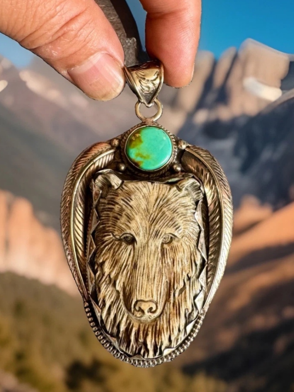 Handcrafted Bone Pendant,Bear Face Art,Floral Carving,Turquoise & Silver,40grams
